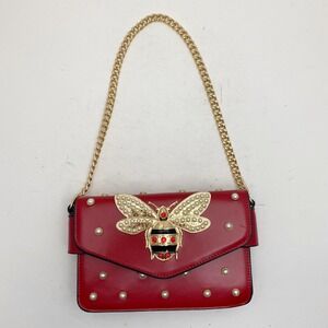 Red Embellished Bee Chain‎ Flap Shoulder Bag Gold Chain Strap Evening Bag Pearl